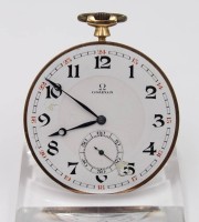 Auktion 356 / Los 2018 <br>OMEGA-Taschenuhr, 20/30er Jahre, Glas/Deckel fehlt, Kronenaufzug, Werk läuft, D-4,5cm