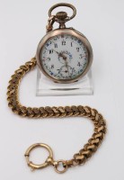 Auktion 356 / Los 2021 <br>Taschenuhr, 800er Silbergehäuse, bemaltes Ziffernblatt, Kronenaufzug, Werk läuft kurz an (3 Sekunden), an schöner Uhrenkette,. D-4,7cm