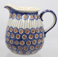 Auktion 356 / Los 9060 <br>Milch-Krug, wohl Bunzlau, Pfauenaugendekor, H-17cm