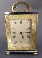 Auktion 357 / Los 2071 <br>Quartz Reiseuhr "Emes", massives Messinggehäuse, Werk nicht geprüft, H-13 cm, 8x4,5 cm, 1 Standkugel fehlt,