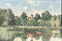 Auktion 357 / Los 4028 <br>Dietrich Rusch (1863-1959) Ostener Landschaftsmaler "St. Petri Kirche Kirche in Osten" Öl/Holz, verso Widmung des Künstlers von 1942, gerahmt, RG 29x40 cm