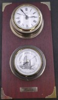 Auktion 366 / Los 2045 <br>maritime  Quartz Schiffsuhr "Eble"und Barometer auf Holzbrett, ca. 30x20 cm