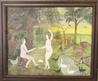 Auktion 357 / Los 4050 <br>Roth, 1978, naives Gemälde "Adem und Eva im Paradies", Ö/Malfaser, gerahmt, RG  48x58 cm