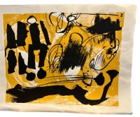 Auktion 357 / Los 5035 <br>gr. Lithografie "Ocker-Schwarz" betitelt, Monogramm VH (verso Hoffmann)?, 1993 Nr 5/20, BG 60x79 cm, Knickstellen etc, li.seitl. Einriss (nicht ins Motiv)