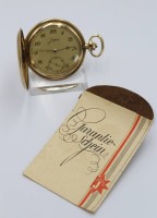 Auktion 358 / Los 2003 <br>schöne Junghans-Herrentaschenuhr, um 1930, Doublégehäuse, Kronenaufzug, Werk läuft, anbei Garantieschein und Lederhülle, D- 5cm