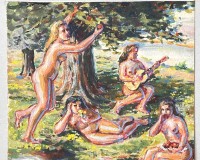 Auktion 358 / Los 4002 <br>Vilém LOGNER (1910-1992)  "vier nackte Mädchen am Seeufer", verso signiert, dat. 1944, BG  20x22,5 cm, in PP