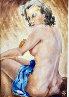 Auktion 358 / Los 4003 <br>HR Monogramm?, sitzender  Rückenakt,  Aquarell, BG 42x30 cm, in PP