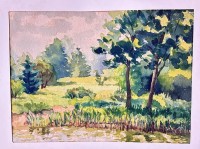 Auktion 358 / Los 4004 <br>Erich Meyer  (1898-1983) Nachlass,  "Landschaft am Weiher" Aquarell, BG 25x34 cm, in PP, er war ein deutscher Grafiker und Typograf. Er erhielt seine Ausbildung bei Rudolf Koch (von dem wir mehrere Mappen in den kommenden Auktionen hier anbieten werden) an den Technischen Lehranstalten in Offenbach, heute Hochschule für Gestaltung.