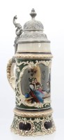 Auktion 358 / Los 9011 <br>hoher Bierkrug mit Stubenszene, Zinndeckel, nur Nr. 1411, ca. H-28cm