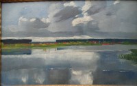 Auktion 358 / Los 4030 <br>Julius WOHLERS (1867-1953) attrib "Landschaft an der Unterelbe" Öl/Platte, ca. 31x48 cm,  breit gerahmt,  RG 48x64 cm, verso beschriftet