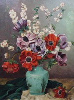 monogrammiert CA '46, Vlumen in Vase, Öl/Hartfaser, gerahmt, RG 62,5 x 50cm.