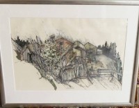 Auktion 358 / Los 5007 <br>Ulrich Stückelberger (1938),  n1980 Zürich, grosse  aquarellierte Zeichnung, Häuser, ger/Glas, 82x105 cm (Sperrgut), BG 55x82 cm, ohne Rahmen  Mormalversand
