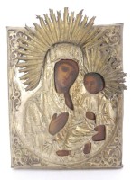 Auktion 358 / Los 4037 <br>russ. Ikone mit Oklad,  Gottesmutter Iwerskaja,  19x14 cm