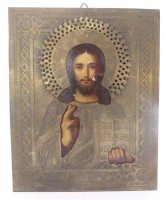 Auktion 358 / Los 4038 <br>russische Ikone um 1900 Chistus Pankrokrator mit vergold. Oklad, Holztafel, ca. 18x15 cm, Kratzer im Gesicht