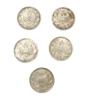 Auktion 358 / Los 6048 <br>5x 1/2 Mark, 1915-1919, Silber,  1x A, 2x J, G und E, zus. ca. 13,9gr., ca. D-2cm