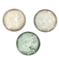 Auktion 358 / Los 6050 <br>3x 2 Reichsmark, Hindenburg, 1937 u. 2x 1939, zus. 24,3gr., D-3,1cm