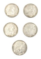 Auktion 358 / Los 6051 <br>5x 5 Reichsmark, Hindenburg, 1935/36, zus. 69,4gr., D-ca. 3cm