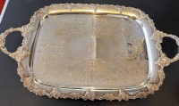 Auktion 358 / Los 11072 <br>grosses massives Tablett, plated, mit Griffen, L-60 cm, B-35 cm, guter Zustand, E.P. on Copper, Kupfer, Sheffield, England
