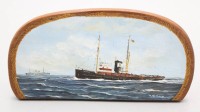 Auktion 358 / Los 4050 <br>kl. Gemälde auf Holz, Klaus ROSKAMP (1941), Schlepper Seefalke, Öl/Holz, ca. 11 x 22cm