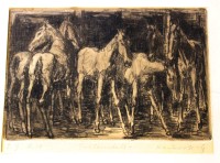 Auktion 358 / Los 5020 <br>Radierung um 1930, betitelt Fohlenstall, signiert wohl Heckeroth ?, ungerahmt in Passepartout, 24,5 x 33cm