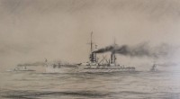 Auktion 358 / Los 7076 <br>Hans Willy BERNARTZ (1912-1989), S.M.S. Friedrich der Grosse, Kohlezeichnung, gerahmt/Glas, RG 48 x 78cm