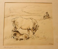Auktion 358 / Los 5024 <br>unleserl. signierte Zeichnung, betitelt Weideidyll, ungerahmt in Passepartout, 26 x 27cm