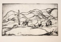 Auktion 358 / Los 5026 <br>Rudolf KOCH (1902-1985), südl. Landschaft, Radierung, ungerahmt, BG 25 x 35cm , Blatt rückseitig leicht verschmutzt