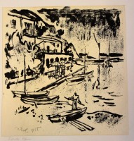 Auktion 358 / Los 5032 <br>Rudolf KOCH (1902-1985), gr. Litho, betitelt südl. Hafen, datiert 1955, ungerahmt in Passepartout u. auf Pappe geklebt, 65 x 50cm