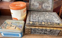 Auktion 358 / Los 15099 <br>4x grosse, alte Blechdosen, unterschiedliche Erhaltung, grösste 42x30x17 cm,  Lebkuchen, Stixx Salzstangen,  Gruschwitz Zwirn, Mondamin