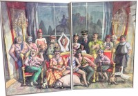 Auktion 359 / Los 4002 <br>Ulli Feldmann , 2008, 2 tg. Comic Aquarell, einzeln ger/Glas, 1 , RG je. 51x73 cm, nur rechtes  Bild signiert, "God save the Queen" betitelt