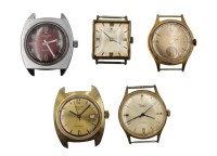 Auktion 359 / Los 2005 <br>5x div. Vintage Armbanduhren, ohne Bänder, Handaufzug, Junghans, Anker und Diehl laufen, Anker (rot) läuft kurz an, Junhans Meister steht, aller mit Trage -u. Altersspuren