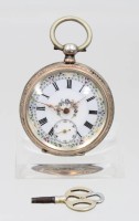 Auktion 359 / Los 2010 <br>Taschenuhr um 1900, schönes Ziffernblatt, 800er Silber, Rückendeckel lose, Schlüsselwerk läuft, Schlüssel anbei, D-4,23cm