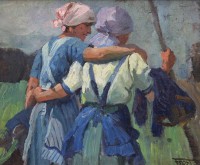 Auktion 359 / Los 4007 <br>Martin FROST (1875-1928) , Feldarbeiterinnen, Öl/Malkarton, gerahmt, RG 33 x 38,8cm