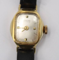 Auktion 359 / Los 2016 <br>kl. Damen-Armbanduhr, Junghans, 585er GG Gehäuse, Handaufzug, Werk läuft, Rückendeckel mit Druckstelle, Tragespuren, ca. 1,9 x 1,6cm