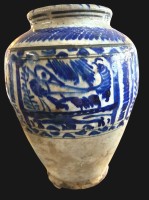 Auktion 359 / Los 9008 <br>antike persische Keramikvase mit Blaumalerei, wohl Persien, Alter?, Altersspuren, H-26 cm