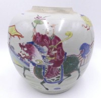 Auktion 359 / Los 15508 <br>China Vase bzw. Ingwer-Topf,  figürliches Dekor,  mehrere lange Risse, H-22 cm, D-ca. 24 cm
