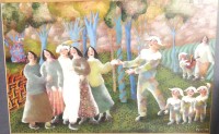 Auktion 359 / Los 4011 <br>Harald  (Harry) Bilson (1948-Island) 1980, "Singende Harlekins mit Frauenchor", Öl/Platte, ger/Glas, RG 45x61 cm