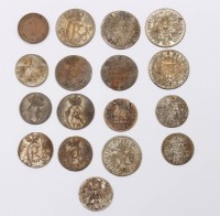 Auktion 359 / Los 6009 <br>16x antike Münzen, ab 1711 bis 1803, zus. ca. 24gr., anbei Glückspfennig von 1950, D-2,1cm