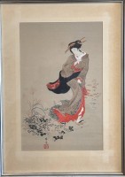 Auktion 359 / Los 15517 <br>japan. Aquarell, Frau im Wind, ger/Glas, RG   41x30 cm, rote Meistermarke
