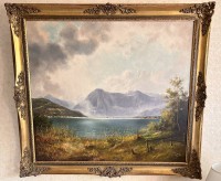 Auktion 359 / Los 4030 <br>Wolfgang Grau (!908-1970). grosses Gemälde, Ansicht Tegernsee, Öl/Leinen,  gut gerahmt , RG 110x118 cm, (Sperrgut)