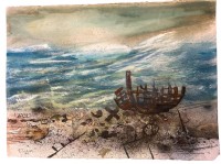 Auktion 359 / Los 4033 <br> France SLANA (1926) 1986 "Wrack am Strand" Aquarell auf Papier, rechts unten fehlt kl. Ecke, 56x77 cm, verso Etikette mit Daten und Preis (5200 DM)