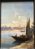 Auktion 359 / Los 4045 <br>E. Altrui , Venedig Ansicht, um 1880,, Öl/Platte, 16,5x121 cm,gerahmt, RG 24x20 cm