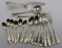 Auktion 366<br>22 tg. Kaffeebesteck "WMF" W&uuml;rzburger Gravur, sehr guter Zustand, 6x Mocca-6xKaffeel&ouml;ffel, 6x Kuchengabeln, gr. und kl. Sahne-L&ouml;ffel,1x Tortenheber, 90-er Auflage