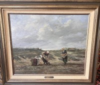 Auktion 359 / Los 4046 <br>Hermann Maarten HUISMAN (1949) "Drei Frauen bei der Arbeit" Öl/Leinen, gut gerahmt, RG 72x80 cm, signiert und Messingschild