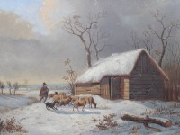 Auktion 359 / Los 4050 <br>Monogrammist "PB 1849", Winterlandschaft, Öl/Holz, restau. bed., gerahmt, RG 26,5 x 33cm