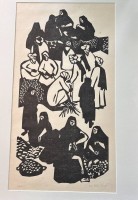 Auktion 359 / Los 5048 <br>Nilla Six (1932-2006): Orientalische Dorfgemeinschaft. Grossformatiger Holzschnitt um 1960.  Nr. 28/70, BG 74 x 44,5 cm,  in PP, mit Hartfaser-Rückwand