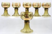 Auktion 359 / Los 10043 <br>6x Weinrömer, Emaillemalerei in gold, Kochem a/R., 1x Stand bestossen, ca. H-14cm