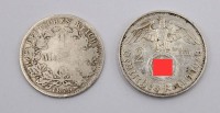 Auktion 360 / Los 6002 <br>2x div. Münzen, 1 Mark 1875 u. 2 Reichsmark 1938