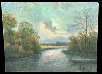 Auktion 360 / Los 4009 <br>Fedor SZERBAKOW (1911-2009)  "Die Wümme bei Fischerhude" Öl/Malfaser, verso betitelt,  91x120 cm (Sperrgut?, eine Ecke etwas beschädigt