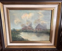Auktion 360 / Los 4010 <br>Fedor SZERBAKOW (1911-2009)  "Häuser am  Kanal"  wohl bei Fischerhude, Öl/Malfaser, gerahmt, RG  35x41 cm